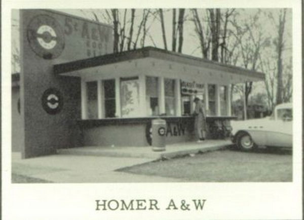 A&W Restaurant - Homer - 130 W Leigh St - 1961 Yearbook Ad (newer photo)